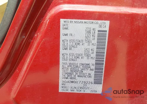 2014 Nissan Pathfinder Platinum z USA, uszkodzony, nr VIN 5N1AR2MM3EC729226